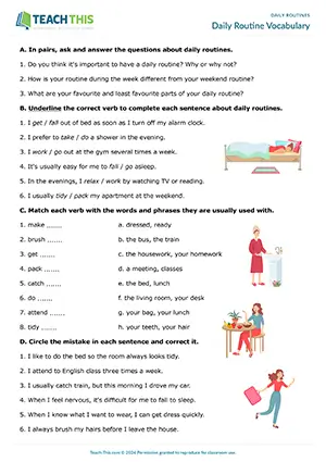 ESL daily routines worksheet preview with binary choice, matching, error correction, gap-fill and writing for Pre-intermediate A2