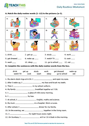 ESL daily routines worksheet preview, beginner A1, matching, gap-fill, controlled practice