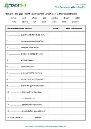 ESL daily routines activity preview with gap-fill, questions, and class feedback for Pre-intermediate A2