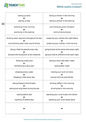 ESL Daily Routines activity preview, discussion, asking and answering questions for intermediate B1
