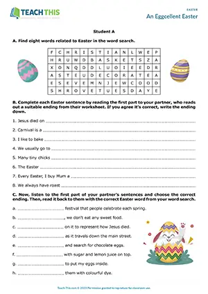 ESL Easter activity preview with word search, gap-fill, matching and sentence completion for Upper-intermediate B2