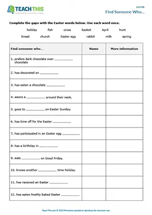 ESL Easter speaking activity preview with gap-fill and question prompts for Pre-intermediate A2