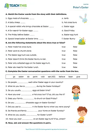 ESL Easter story activity preview with ordering, matching, true or false and gap-fill for Pre-intermediate A2