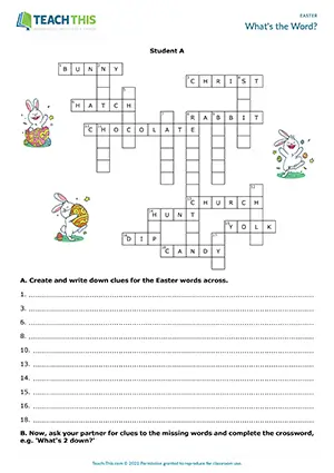 ESL Easter crossword activity preview with writing clues, describing and guessing for Intermediate B1