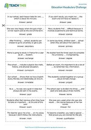 ESL education games preview with gap-fill, matching, sentence formation and group work for Intermediate B1