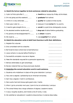 ESL education worksheet preview with matching, multiple choice, gap-fill and communicative practice for Upper-intermediate B2