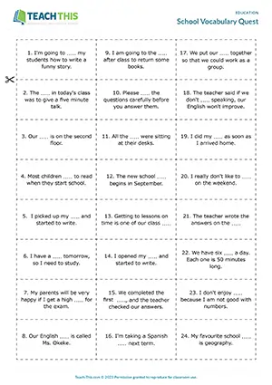 ESL school vocabulary games preview with matching, gap-fill, creating sentences and group activities for Elementary A1-A2