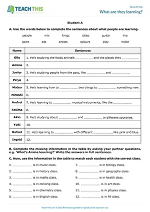 ESL education vocabulary activity preview with information gap, question practice and group work for Elementary A1-A2