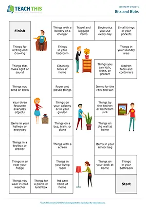 ESL everyday objects board game preview with impromptu speech and group work for intermediate B1