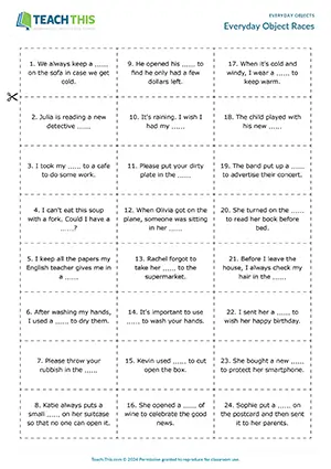ESL everyday objects games preview with matching, gap-fill, sentence formation and group work for Pre-intermediate A2