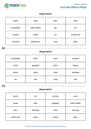 ESL everyday objects bingo game preview with gap-fill and group work for Elementary A1-A2