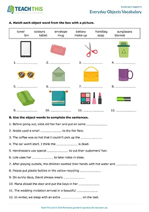 ESL everyday objects worksheet preview with matching, gap-fill, multiple-choice and sentence completion for Pre-intermediate A2