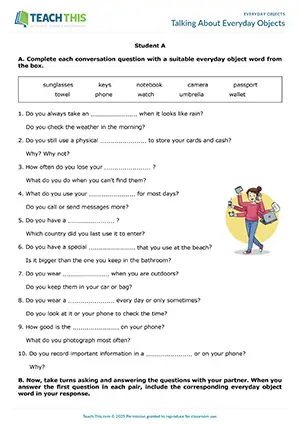 ESL everyday objects activity preview with gap-fill, asking and answering questions, controlled and freer practice for Pre-intermediate A2
