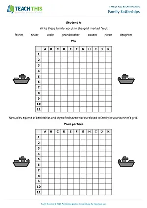 ESL Family Vocabulary Game, beginner level A1, pair work, battleships for family vocabulary