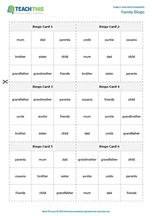 ESL Family Vocabulary Game, beginner level A1, bingo, matching for family vocabulary