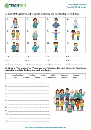 ESL Family Vocabulary Flashcards and Worksheet, beginner level A1, eliciting, drilling, sentence frames, substitution drills, spelling completion, writing sentences, controlled practice for family vocabulary