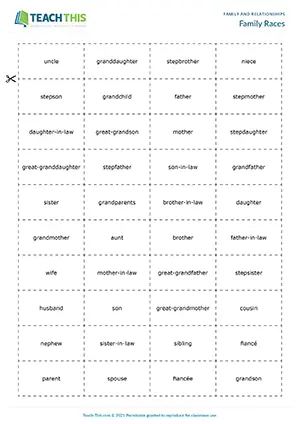 ESL Family Games, pre-intermediate A2, spelling, matching, identifying, describing, guessing