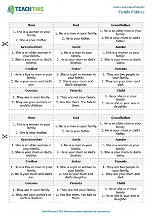 ESL Family Riddles game preview: Beginner A1 students listen to clues and guess family and relationship words in pairs.