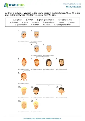 ESL Family Tree Worksheet, pre-intermediate A2, labelling, writing short answers, categorising, word search
