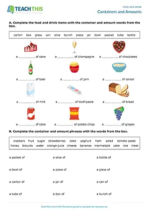 ESL Containers and Amounts Worksheet, intermediate B1, matching, gap-fill