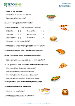 Food Drink ESL Activities Games Worksheets