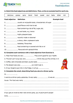 ESL Food Adjectives Worksheet, intermediate B1, matching, gap-fill, writing sentences