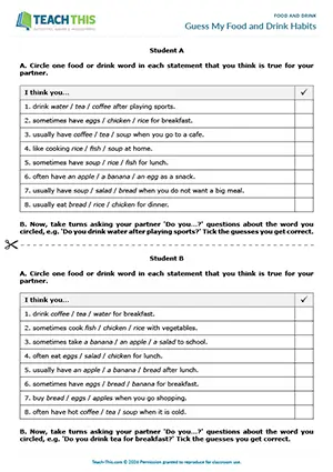 ESL Food and Drink Game, beginner A1, multiple-choice, guessing, asking and answering questions, controlled and freer practice