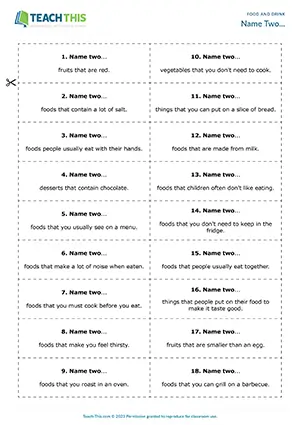 ESL Food and Drink Game, pre-intermediate A2, vocabulary, naming, group work