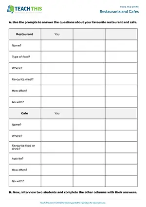 ESL Eating Out Activity, elementary A1-A2, speaking, asking and answering questions, group work