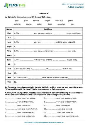 ESL Going Out Activity, intermediate B1, gap-fill, information gap, matching, pair work
