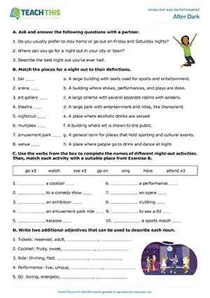 ESL Going Out and Entertainment Worksheet, upper-intermediate B2, matching, gap-fill, binary choice, questions