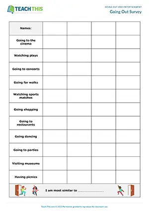 ESL Going Out Survey, pre-intermediate A2, speaking, likes and dislikes, pair and group work