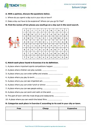 ESL Going Out and Entertainment Worksheet, pre-intermediate A2, word search, matching, categorising, gap-fill, discussion