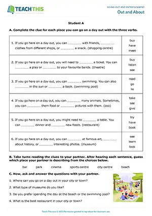 ESL Going Out and Entertainment Game, elementary A1-A2, gap-fill, guessing, pair work