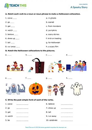 ESL Halloween worksheet preview for pre-intermediate A2 with verb-noun collocations and story writing