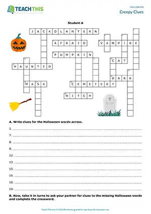ESL Halloween vocabulary activity preview for upper-intermediate B2 with writing, describing, and guessing clues
