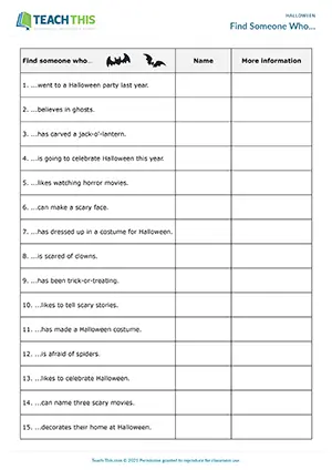 ESL Halloween activity preview for intermediate B1 with class survey and question speaking tasks