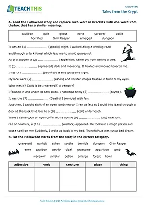 ESL Halloween worksheet preview for advanced C1 with reading, matching, categorising, and true/false activities
