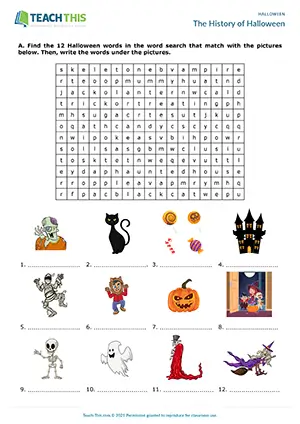 ESL Halloween worksheet preview for intermediate B1 with word search, gap-fill, matching and true/false activities