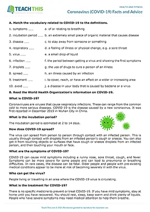 ESL COVID-19 worksheet preview for intermediate B1 featuring vocabulary, reading, and speaking activities