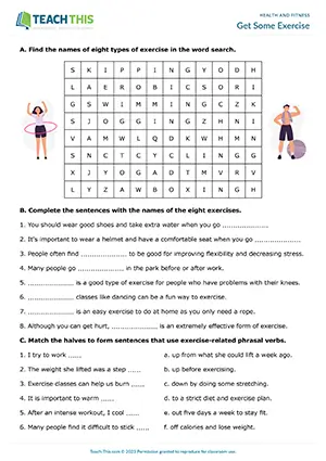 ESL exercise worksheet preview for upper-intermediate B2 with word search, gap-fill, matching, and quiz activities