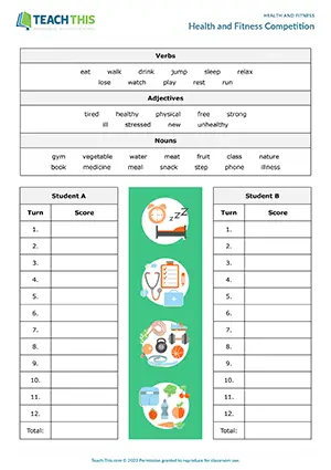 ESL health and fitness game preview for elementary A1-A2 with gap-fill and guessing activities