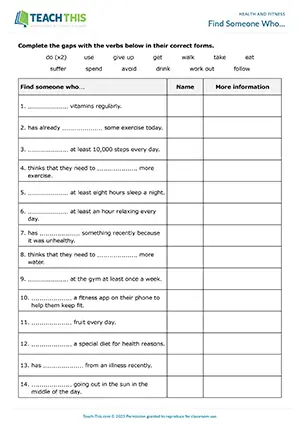ESL health and fitness activity preview for intermediate B1 with gap-fill and question practice