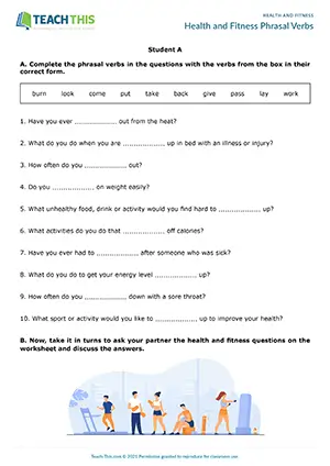 ESL health and fitness phrasal verbs activity preview for upper-intermediate B2 with gap-fill and question practice