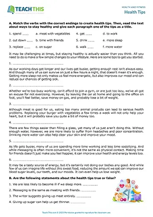 ESL health and fitness worksheet preview for intermediate B1 with reading, matching, and conversation questions