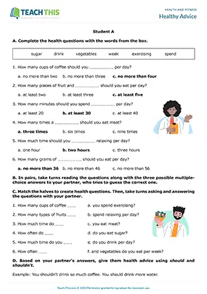 ESL health quiz and advice activity preview for elementary A1-A2 featuring gap-fill, matching, and advice speaking