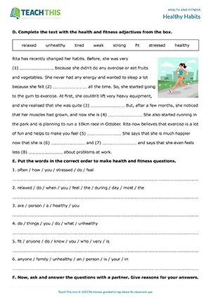 ESL healthy habits worksheet preview for pre-intermediate A2 with writing, vocabulary, and pair question activities