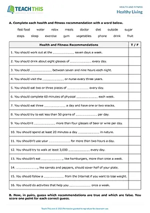 ESL health recommendations game preview for elementary A1-A2 with vocabulary, gap-fill and true or false activities