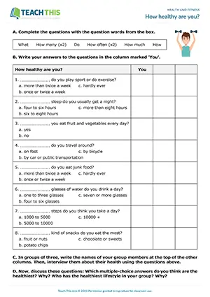 ESL health questionnaire activity preview for pre-intermediate A2 with gap-fill and group discussion