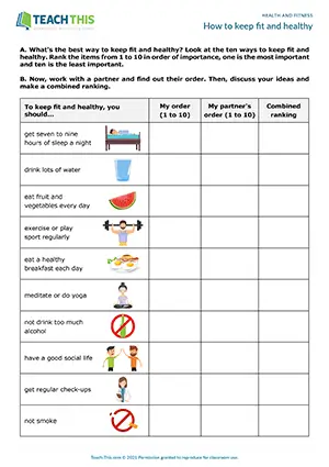 ESL health and fitness activity preview for pre-intermediate A2 with speaking, ranking, and discussion